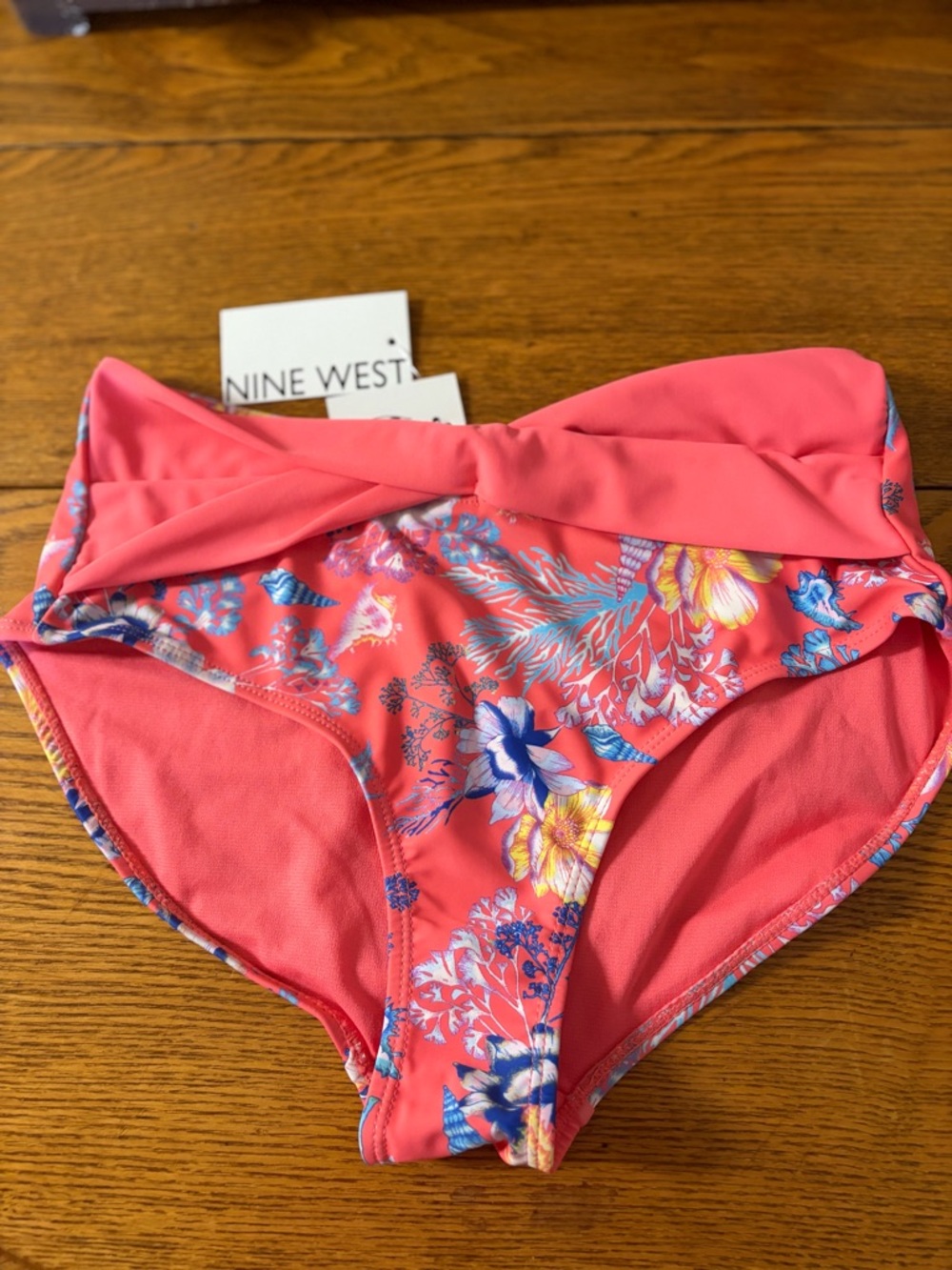 Nine West Coral Pink Floral High-Waist Bikini Bottom